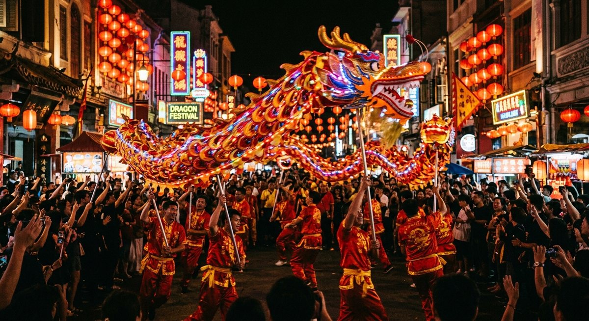 Naga kain panjang digotong banyak penari melengkung seperti gulungan mesin di jalan festival malam yang meriah