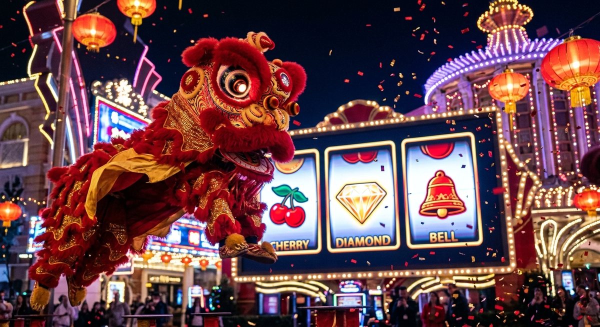 Kepala barongsai merah keemasan melompat di depan gulungan mesin permainan dengan simbol ceri dan lonceng yang menyala